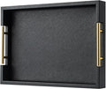 Black Rectangle Serving Tray with Gold Handles for Party,Large Wood Decorative Tray for Ottoman,Faux Leather Coffee Table Tray Decor
