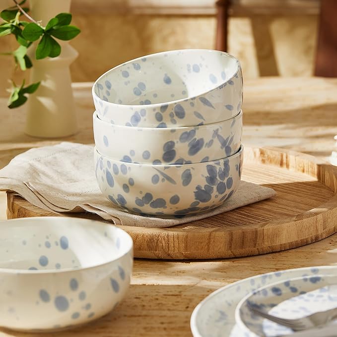 Junko Cereal Bowls Set of 4-36 Ounce Ceramic Bowls, Japanese Noodle Bowl Set, Ceramic Bowls for Kitchen, Breakfast, Oatmeal, Microwave and Dishwasher Safe (Splash Blue)