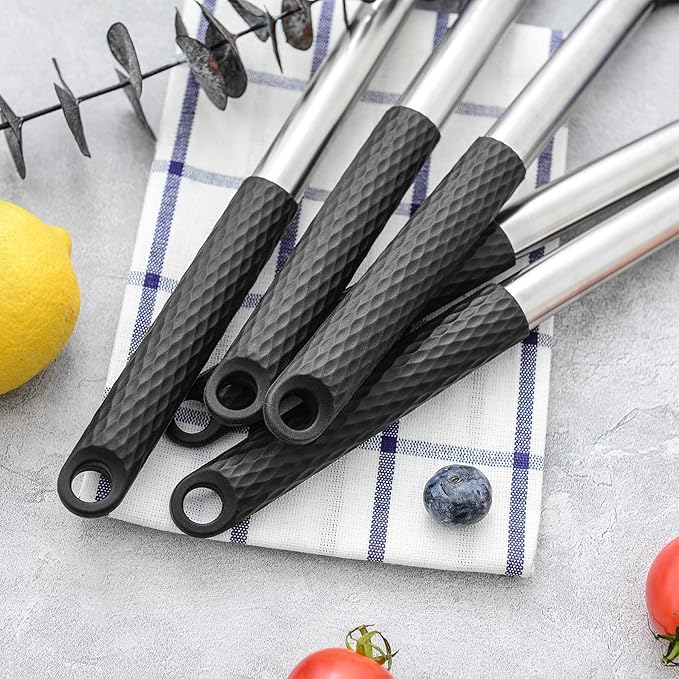 Rorence Silicone Cooking Utensil Set: 12 Pieces Kitchen Utensils Non-Stick & Heat Resistance Silicon And Stainless Steel Handles - Black