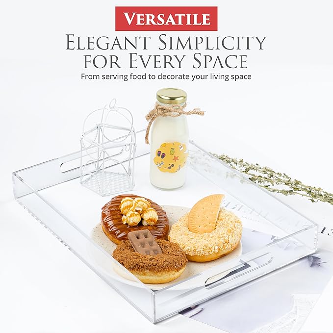Acrylic Tray 20x12 with Cut Handles - Spill Proof Decorative Tray is an Ideal Countertop Organizer for Living Rooms, Ottoman Coffee Tables, Offices, Kitchens & Serving Guests