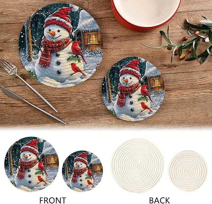Snowman Red Bird Winter House Kitchen Trivets Pot Holders Set of 2, Trivets for Hot Pots Dishes Woven Trivet Coaster Pad Mat for Counter