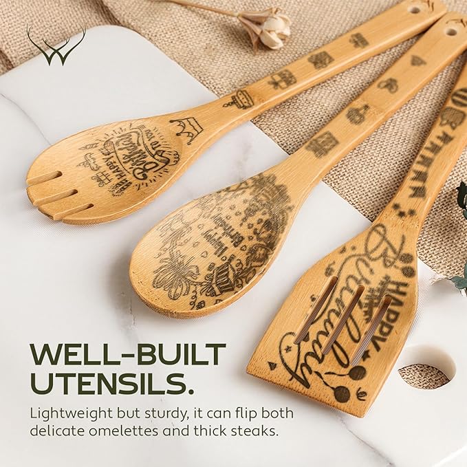 Wooden Spoons for Cooking - 6-Piece Wooden Utensil Set with Spatulas & Spoons, Heat-Resistant, Eco-Friendly Kitchen Utensils for Non-Stick Cookware (Birthday)