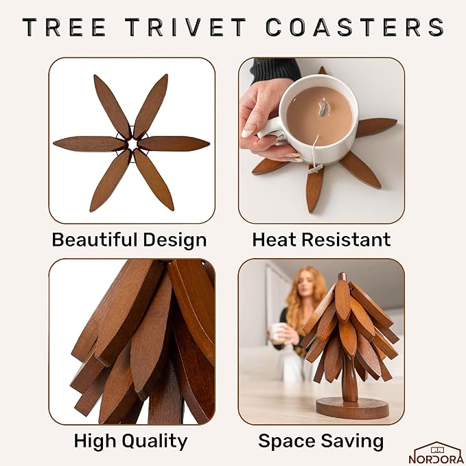 Wooden trivets for hot Dishes – 4 Tree-Shaped Coasters & 1 Stand for Hot Pots, Dishes | Heat-Resistant, Space-Saving Pot Rest & Cozy Kitchen Decor, Tree Trivets for Counter + Special Bonus (Walnut)