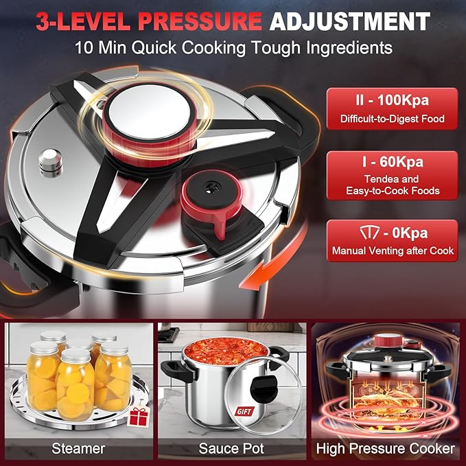 3-In-1 304 Stainless Steel Pressure Cooker 13 Quart: [Explosion-Proof] [3 PSI Settings], One-Hand Locking Pressure Canner, Induction Compatible, Glass Lid & Steamer Rack Included, Olla de Presion