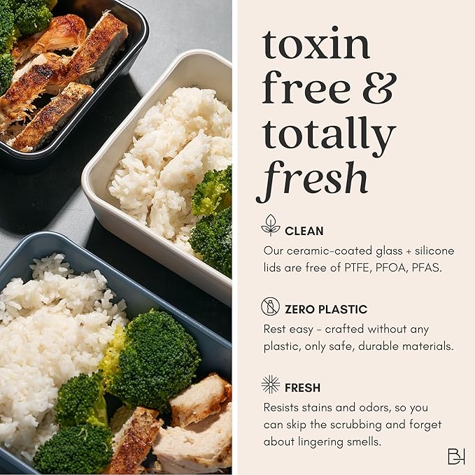 Ceramic Coated Glass Food Storage Container | No PTFE, PFOA, PFAS, and BPA | Reusable Non Toxic Meal Prep Container with Glass Lid | Easy To Store | 11 Cup Rectangle [Willow]
