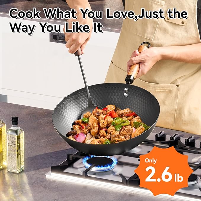 WANGYUANJI 12.6" Iron Wok with Lid, Flat Bottom Nonstick Wok Pan with Detachable Wooden Handle, Chinese Stir Fry Pan for Induction, Gas and Electric Stoves