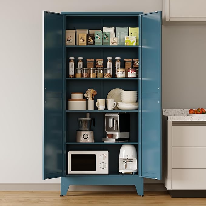 COFaR 71 in Tall Metal Storage Cabinet, Metal Cabinet with 3 Adjustable Shelves and Barn Doors, Farmhouse Cupboard Storage for Kitchen Pantry Garage, Peacock Blue 5-Tier