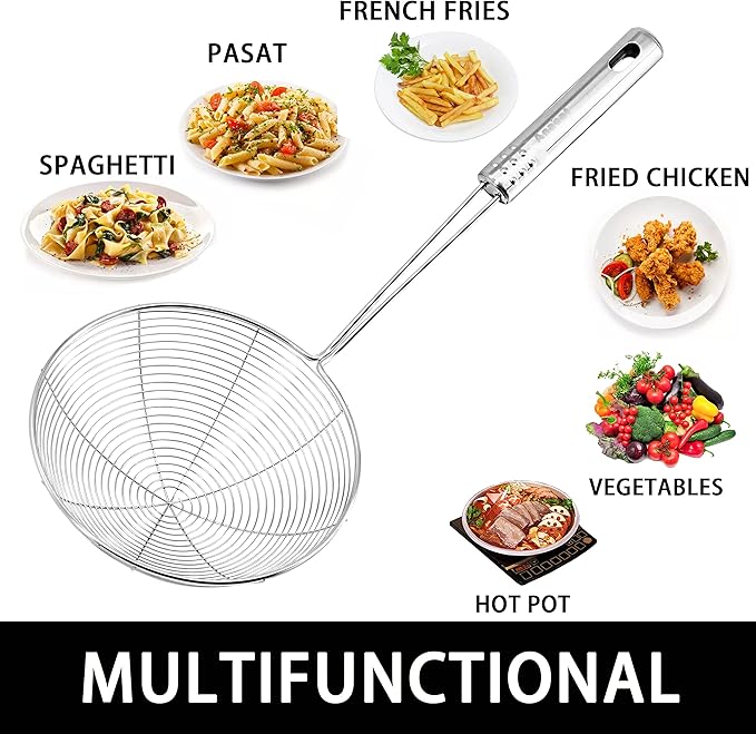 Anaeat 5.3" Stainless Steel Spider Skimmer, Professional Kitchen Pasta Strainer Spoon with Long Handle - Asian Strainer Ladle Wire Skimmer Spoons for Cooking and Frying
