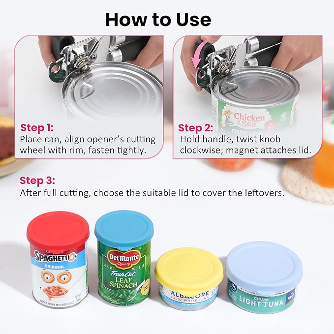 5 PCs Practical Canning Lid Set — 1 Pack Magnetic Can Opener Bundle with 4 Packs Silicone Can Lids, Fit 3.0''|3.2''|3.5''|4.0'' Canned Food | Stainless Steel Can Opener Manual | Holiday Kitchen Set