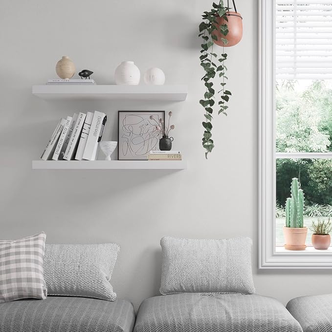 Floating Shelf, Set of 3 Wall Shelf, 36 in W x 12.75 in D x 2 in H Wooden Floating Wall Shelf with Invisible Brackets for Living Room/Bedroom/Bathroom/Kitchen Storage and Decor, White