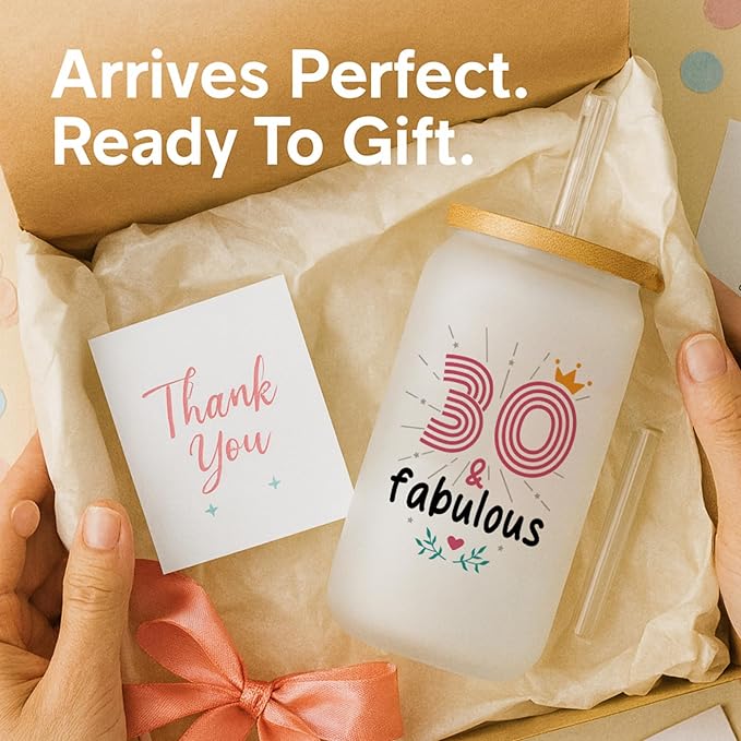 Vivulla68 30th Birthday Gifts For Women Men - 30 Year Old Gifts For Her Him - Thirty Birthday Ideas For Sister, Wife, Friend - 1995 Birthday Gift - 30th Frosted Glass Cup With Lid And Straw