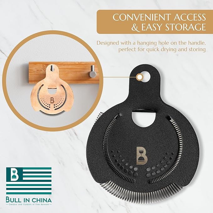 Hawthorne Strainer by Bull in China In Matte Black- Made In USA - High Density Spring Cocktail Strainer for Boston Shakers and Mixing Glasses for Bars & Bartenders (Matte Black)