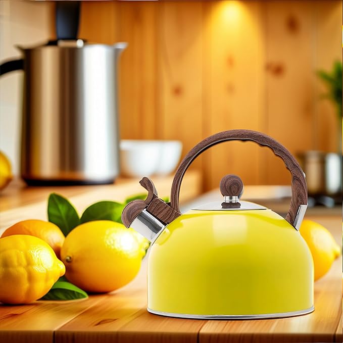 Vilihkc Whistling Stainless Steel Tea Kettle with Wood Grain Anti Heat Handle,2.6 Quart/2.5 Liter Stainless Steel Tea Kettles,Loud Whistling for Tea,Coffee,Gas Electric Applicable