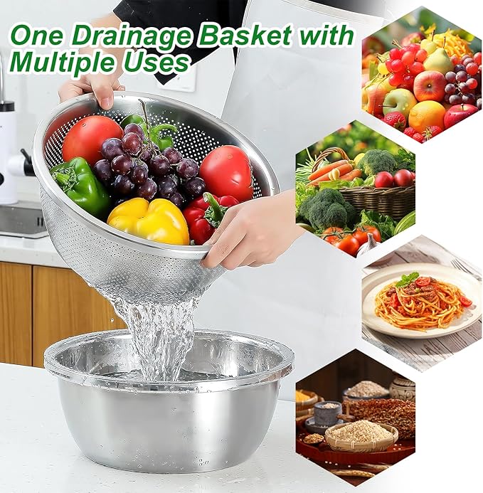 304 Stainless Steel Microporous Colander Set - 3QT Large Capacity Kitchen Strainer, Dishwasher Safe for Vegetable/Fruit/Rice Washing & Cooked Pasta Draining （2PC)