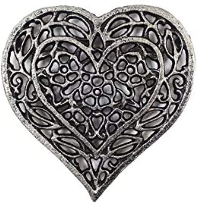 Rustic Silver Cast Iron Heart Shaped Trivet 7" - Cast Iron Decorative Heart Tri