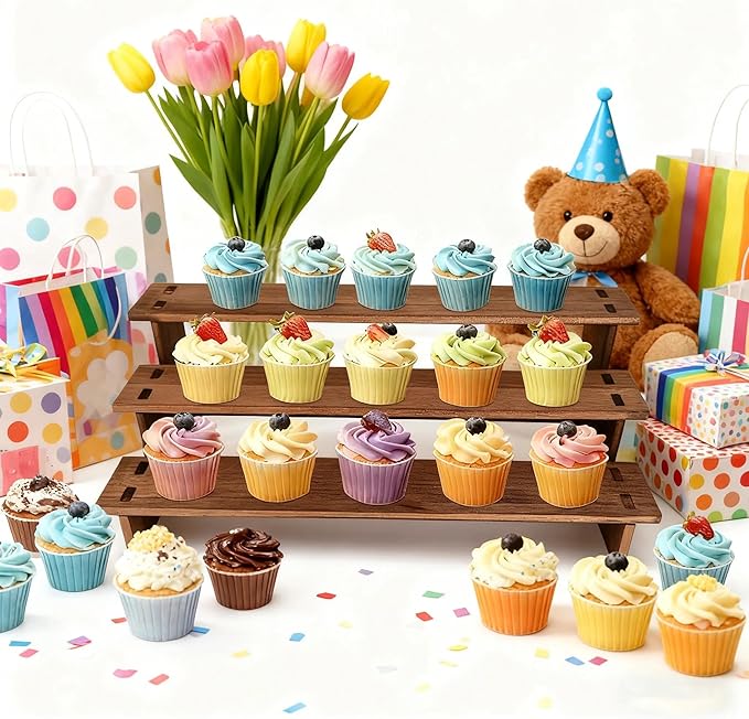 3 Tier Cupcake Display Stand, Wooden Cupcake Stand, Perfume Organizers, Cologne Organizer for Men, Display Risers for Dessert, Spice, Candles, Matcha Station, No Tools Required to Install