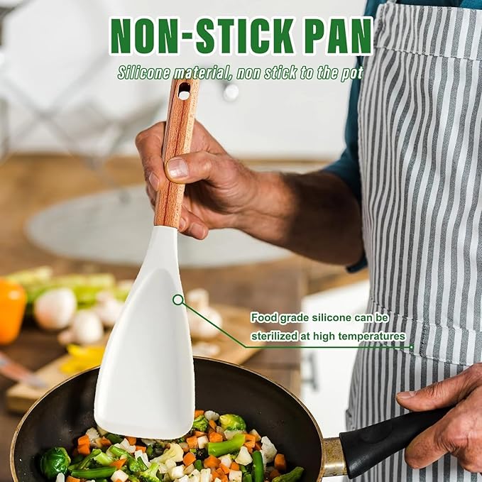 Cedar and Ash Spoon, Multifunction Spatula Cooking Spoon, Heat-Resistant Silicone, Wooden Handle, Safe for Nonstick Cookware, Ergonomic Grip, Ideal for Stirring, Mixing, Serving (1pcs White)