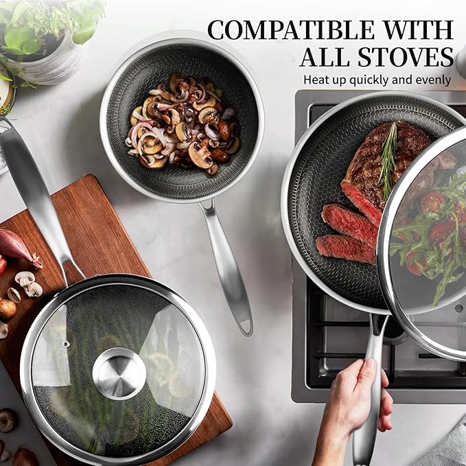 6 Pieces Stainless Steel Frying Pan Set with Lids, Honeycomb Nonstick Frying Pan Set 3 Pcs,Induction Skillet Set Egg Omelette Frying Pan Sets W/Lid, Induction Compatible, PFOA Free