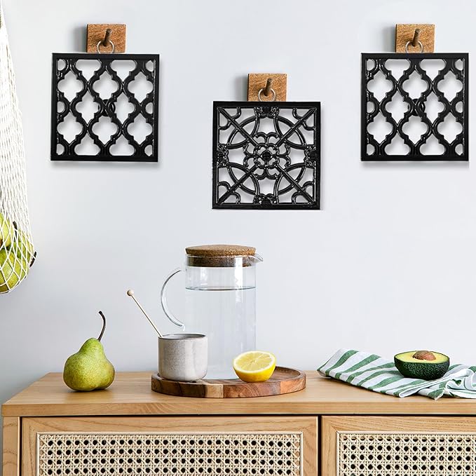 JOGREFUL 2 Pack Cast Iron Trivet Mats, Kitchen Pot Holders to Portect Table/Countertops, Heat Resistant Mats for Teapot/Hot Dishers/Plates, Vintage Mats with Weighted-Base, Flower Black
