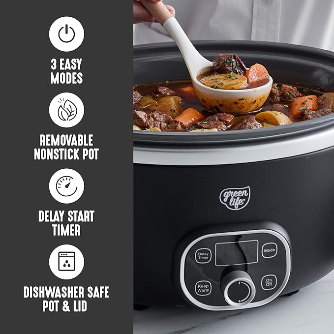 GreenLife 8QT Slow Cooker, Non-Toxic PFAS-Free Ceramic Nonstick Removable Interior Bowl, Programmable, Family Friendly, Keep Warm, Stovetop & Oven Safe, Dishwasher Safe Crock, Timer, Glass Lid, Black
