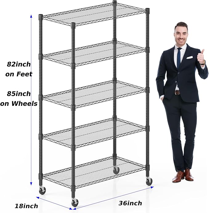 Homdox Heavy Duty Storage Shelves, 5 Tier Wire Shelving Unit with Wheels, Commercial Adjustable Metal Shelves for Storage, Garage Rack Pantry Shelves Kitchen Shelving, 18"x36"x82", Black