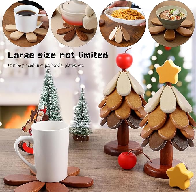 Tree Trivet for Hot Dishes, Artisanal Wooden Tree Coasters with Stand, Collapsible Trivets Tree, Christmas Tree Coasters Set of 4，2025
