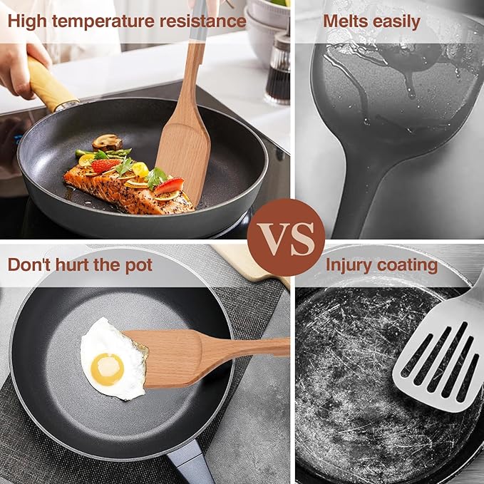 Wooden Spoons For Cooking, 6 PCS Natural Beech Wooden Cooking Utensils with Hanging Hole, Smooth Grip, Kitchen Essentials, Black