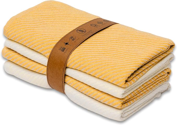 Kitchen Hand Towels - 4 Pack, (20" x 30") - Soft & Quick Dry - Versatile as, Turkish Kitchen Towels, Cozy Hand Towel, Vintage Kitchen Towels, Dishcloths, Mustard and Ecru