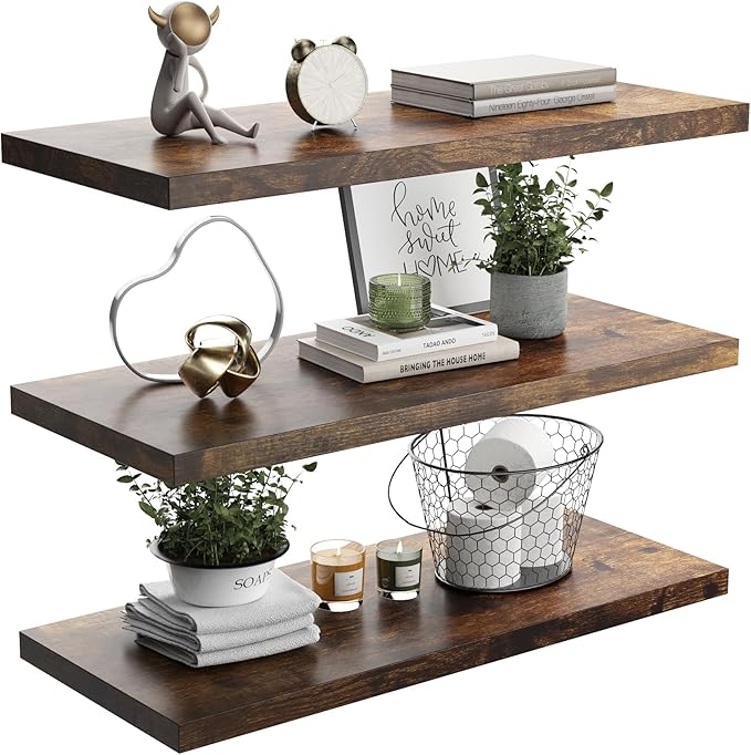 Wall Shelf Set of 3, Rustic Brown Floating Shelves 24 in W x 10 in D x 1 in H, Wooden Floating Wall Shelf with Invisible Brackets for Living Room/Bedroom/Bathroom/Kitchen Storage and Decor