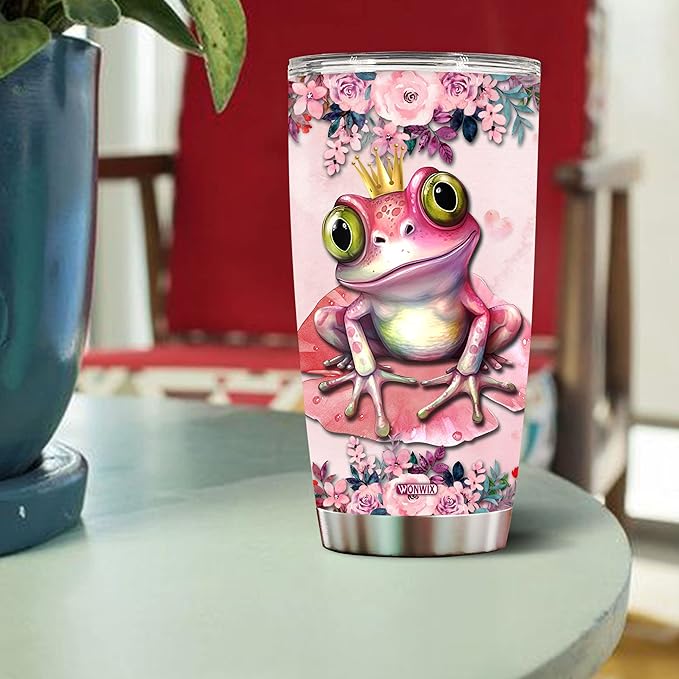 Frog Tumbler 20oz Cute Animal Gift for Women, Girls Who Freaking Love Frogs Lovers Funny Crown Perfect Birthday Christmas Valentine Wife Daughter Insulated Stainless Steel Coffee Cup with Lid
