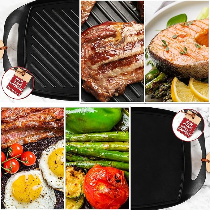 Techwood Dual Burner Griddle Pan – Flat & Grill Sides, PFAS-Free 17"X11" Nonstick Griddle Pan for Indoor/Outdoor Cooking, Dishwasher Safe, Use on Stove, Induction Cooktop, Oven, Campfire, or Gas Grill