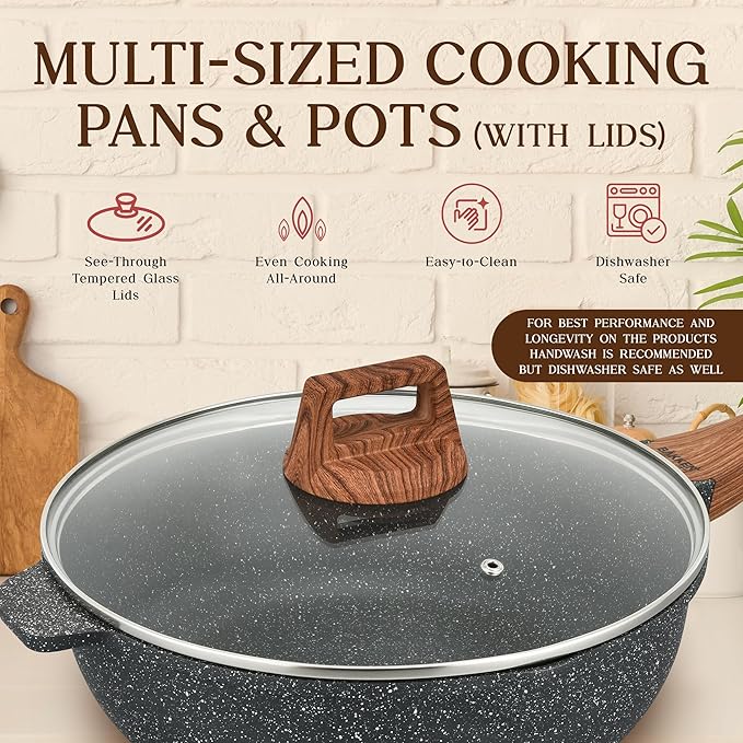Bakken-Swiss 20-Piece Kitchen Cookware Set – Granite Non-Stick – Eco-Friendly – for All Stoves & Oven-Safe - Marble coating