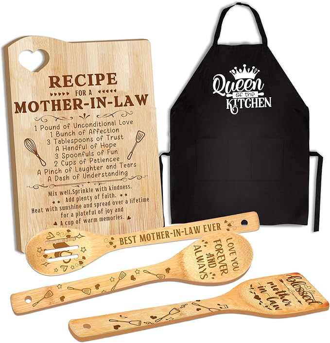 Mother in Law Gifts, Christmas Mother in Law Gifts from Daughter in Law, Step Mom/Bonus Mom Kitchen Present Wooden Cutting Board with Cooking Utensils Set with Apron Set