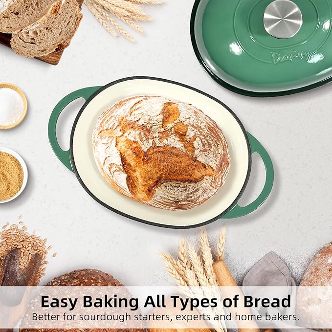 Davivy 6QT Oval Bread Dutch Oven with Domed Lid, Enameled Cast Iron Dutch Oven for Sourdough Bread Baking 6QT, Oval Cast Iron Sourdough Bread Pan with Lid - Forest Green