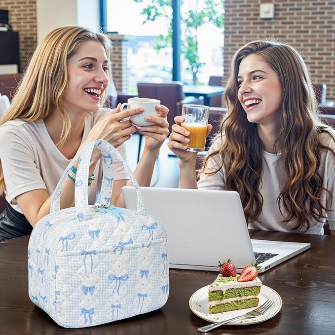 Quilted Lunch Box for Women,Lunch Box for Teen Girls,Cute Blue Bow Lunch Bags for Work, School,Office,Picnic,Travel (Blue Bow)