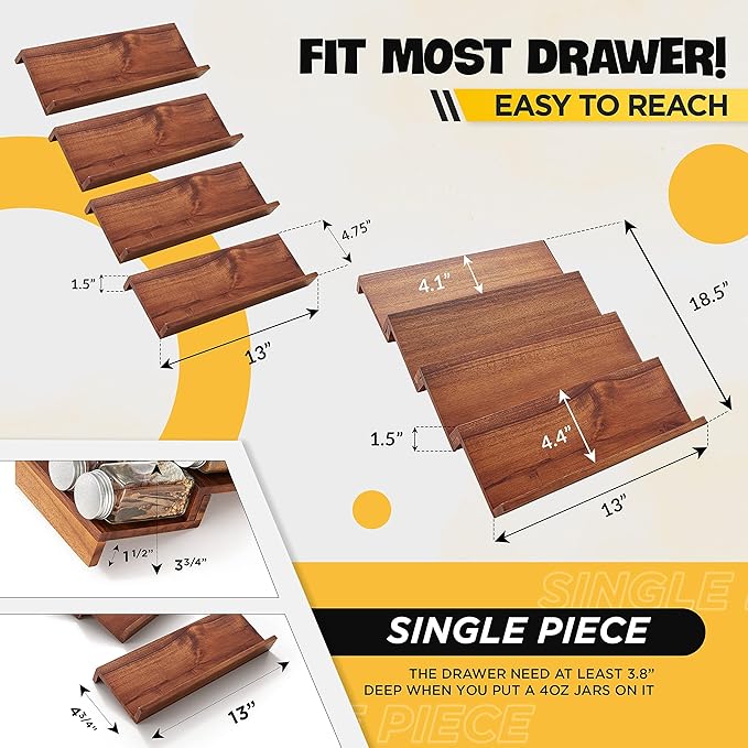 Tinamo Acacia Wooden Spice Rack Organizer for Cabinet - Spice Drawer Insert, Spice Organization for Cabinet, Seasoning Organizer, Spice Holder Pack of 8 (Acacia pack 4)