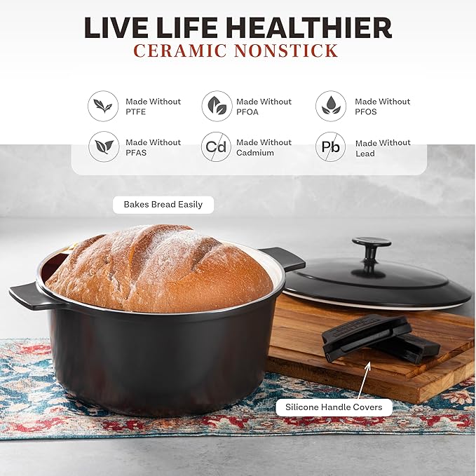 Gotham Steel 5 Qt Lightweight Dutch Oven Pot with Lid & Holders, Ceramic Non Toxic, Oven Safe & Even Heat Retaining Dutch Oven for Bread Baking Sourdough, Soup, Casserole, 70% Lighter than Cast Iron
