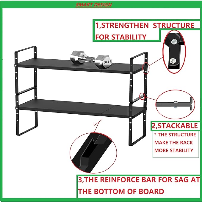 Expandable Stackable Spice Rack Cabinet Shelf Organizer in Cabinets Shelves Kitchen Cupboard Organization Stack up Racks Pantry Countertop Storage Medium/Black 1 Pack