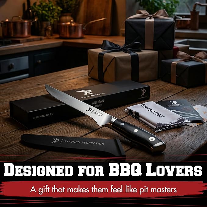 Kitchen perfection 6” Boning Knife for Meat Cutting & Filleting - Razor Sharp Premium German Steel Blade with Sheath - Full Tang Ergonomic Handle - Trim, Debone, Slice Meat Like a Pro- BBQ Men's Gift