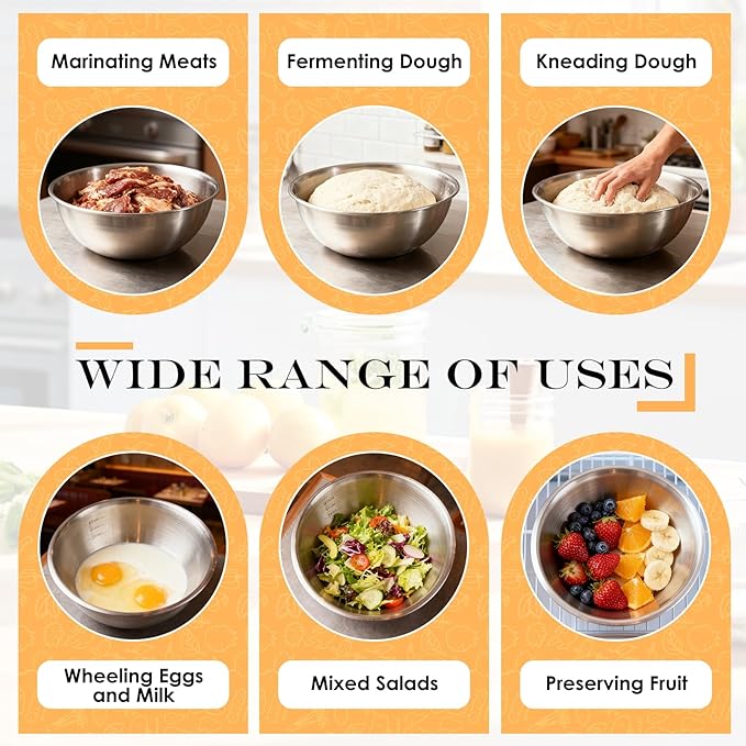 Stainless Steel Mixing Bowls Set of 5, Heavy Duty Stackable Nesting Bowls, Metal Mixing Bowls For Cooking, Prepping, Salad, Serving, Space Saving Kitchen Essentials, No Lids