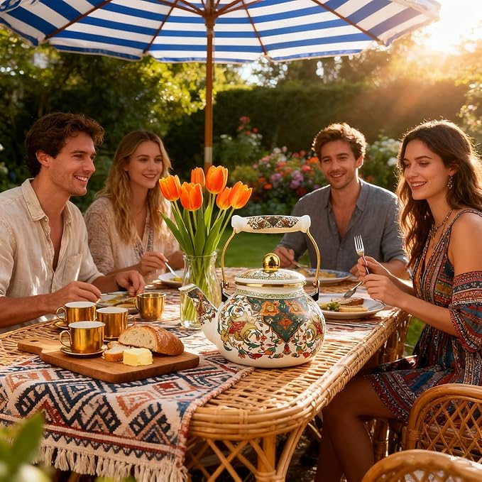 Vintage Enamel Tea Kettle with Porcelain Handle, 2.5L Stovetop Teapot - Non-Toxic, Rust-Resistant, Heat-Resistant, Hot Water Coffee Teapot for Kitchen Decor Christmas Gift