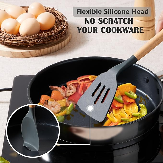 E-far Gray Cooking Utensils Set with Holder, 25-Piece Silicone Kitchen Utensil Set with Wooden Handle for Nonstick Cookware, 446°F Heat Resistant Kitchen Tool Spatula Tongs Whisk, Non-toxic & Healthy