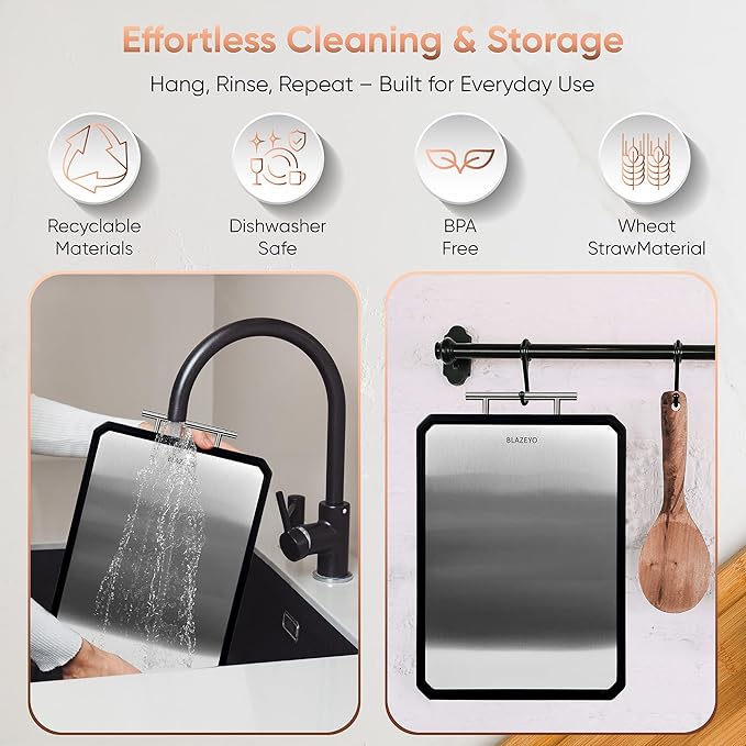 Stainless Steel Cutting Board, Heavy Duty Large 16”×11” 2-in-1 Double Sided Chopping Board for Kitchen, Food Grade Non Toxic Wheat Straw PP & Steel Surfaces, for Meat/Vegetables, Dishwasher Safe