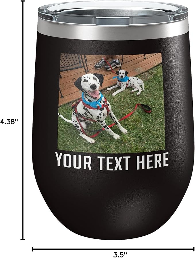 Personalized 12oz (17 Colors) Mother's Day Photo Printed Insulated Stainless Steel Powder Coated Stemless Wine Tumbler with Lid, Customized Gift Idea for Her, Custom Coach Gifts Team Mom Dad (Black)