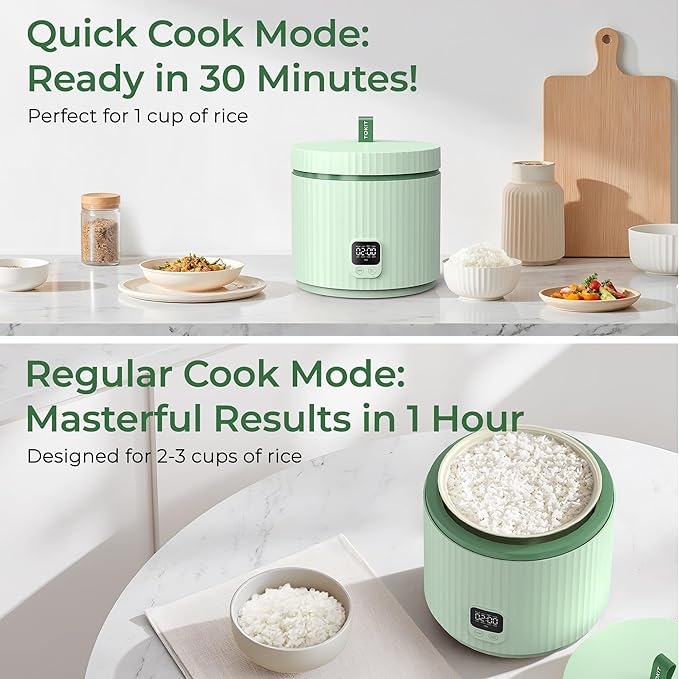 TOKIT Rice Cooker Small 3 Cup Uncooked /6 Cup Cooked, Modern Multifunctional Mini Rice Cooker with 24-H Timer & Warmer for 1-3 People Ceramic Coated Non-Stick Pot 8 Cook Functions, Avocado Green