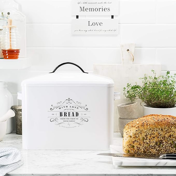 Extra Large White Farmhouse Bread Box for Kitchen Countertop - Holds 2+ Loaves for All Your Bread Storage - Bread Container Counter Organizer to Suit Farmhouse Kitchen Decor, Vintage Kitchen, Rustic