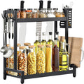Countertop Spice Rack Organizer 2-Tier Seasoning Organizer with Metal Guardrail Design Suitable for Kitchen/Stovetop/Kitchen Island/Corner, Spice Rack Includes Basket, Hooks, and Pot Lid Holder