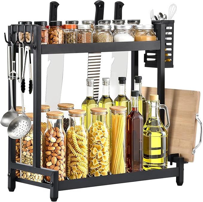 Countertop Spice Rack Organizer 2-Tier Seasoning Organizer with Metal Guardrail Design Suitable for Kitchen/Stovetop/Kitchen Island/Corner, Spice Rack Includes Basket, Hooks, and Pot Lid Holder