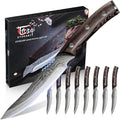 Steak Knives Set of 8, 4.8 Inch Carbon Steel Japanese Style Non Serrated Dinner knives with Wooden Handle, Damascus Pattern Full Tang Design, Housewarming Holiday Cooking Gifts
