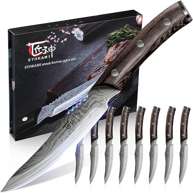 Steak Knives Set of 8, 4.8 Inch Carbon Steel Japanese Style Non Serrated Dinner knives with Wooden Handle, Damascus Pattern Full Tang Design, Housewarming Holiday Cooking Gifts